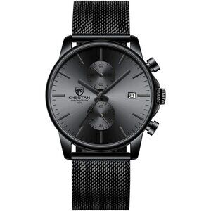 Men Black Sleek Minimalist Quartz Analog Mesh Stainless Steel Waterproof Watch